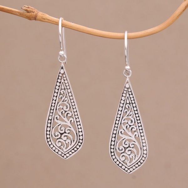 Alternate image for Handcrafted Balinese Sterling Silver Dangle Earrings Ornate Teardrop
