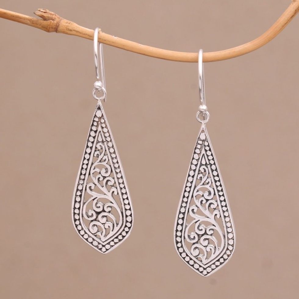 Handcrafted Balinese Sterling Silver Dangle Earrings 'Ornate Teardrop'