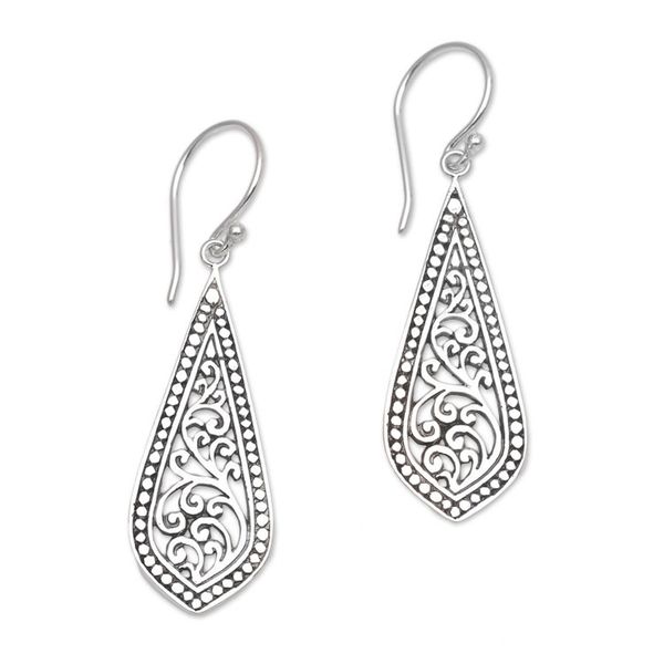 Alternate image for Handcrafted Balinese Sterling Silver Dangle Earrings Ornate Teardrop
