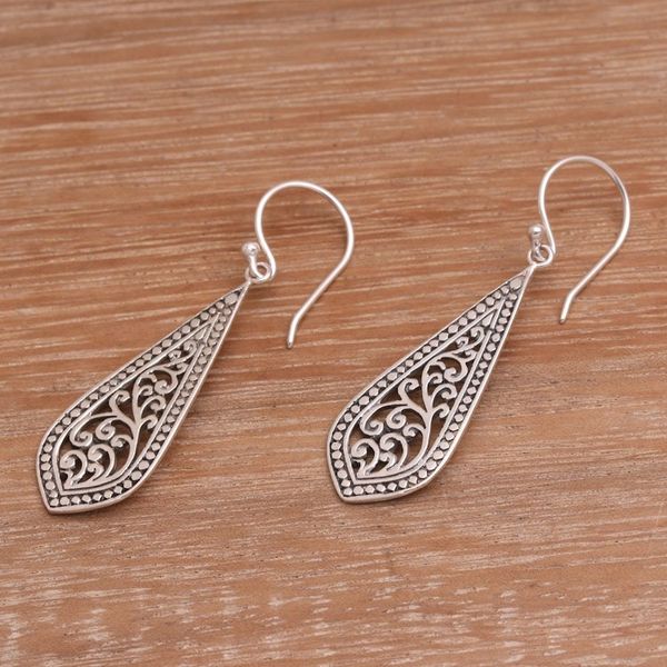 Alternate image for Handcrafted Balinese Sterling Silver Dangle Earrings Ornate Teardrop