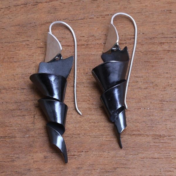 Alternate image for Sterling Silver and Dark Copper Spiral Dangle Earrings Dark Ribbon Spiral