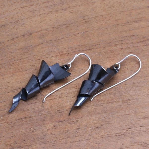 Alternate image for Sterling Silver and Dark Copper Spiral Dangle Earrings Dark Ribbon Spiral