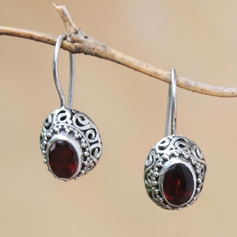 Faceted Oval Garnet Drop Earrings from Bali 'Temple Crown'