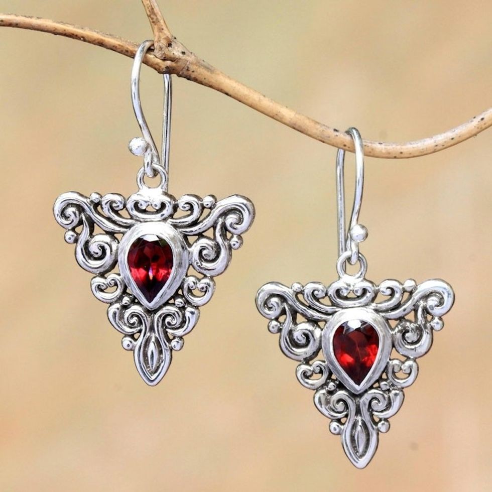 Triangular Garnet Dangle Earrings from Bali 'Triangle Tendrils'