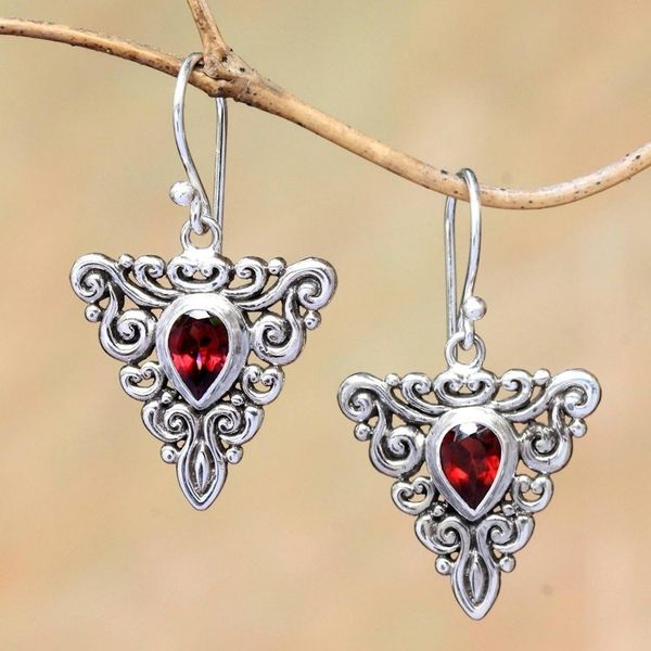Alternate image for Triangular Garnet Dangle Earrings from Bali Triangle Tendrils