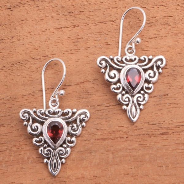 Alternate image for Triangular Garnet Dangle Earrings from Bali Triangle Tendrils