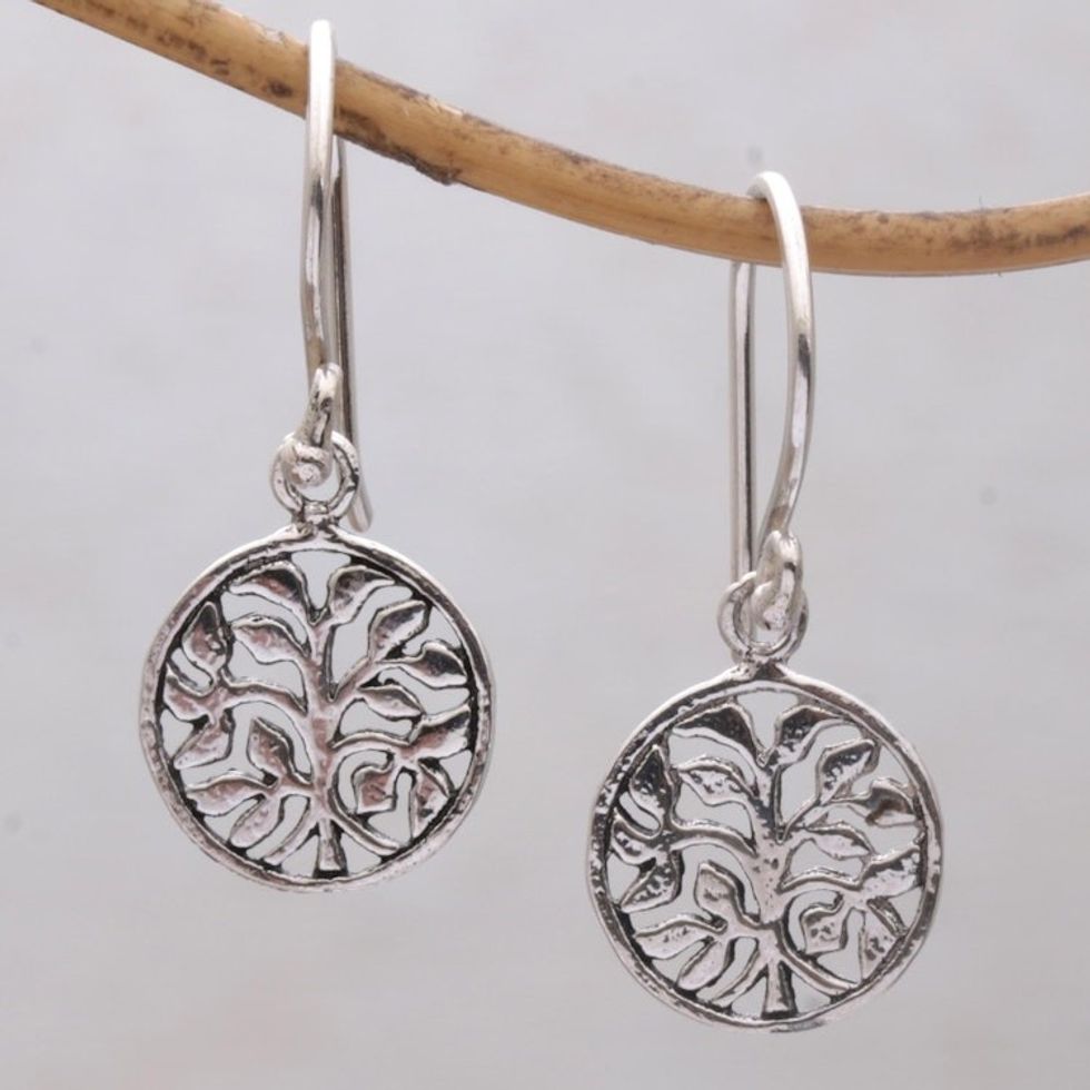 Circular Tree Sterling Silver Dangle Earrings from Bali 'Leafy Windows'
