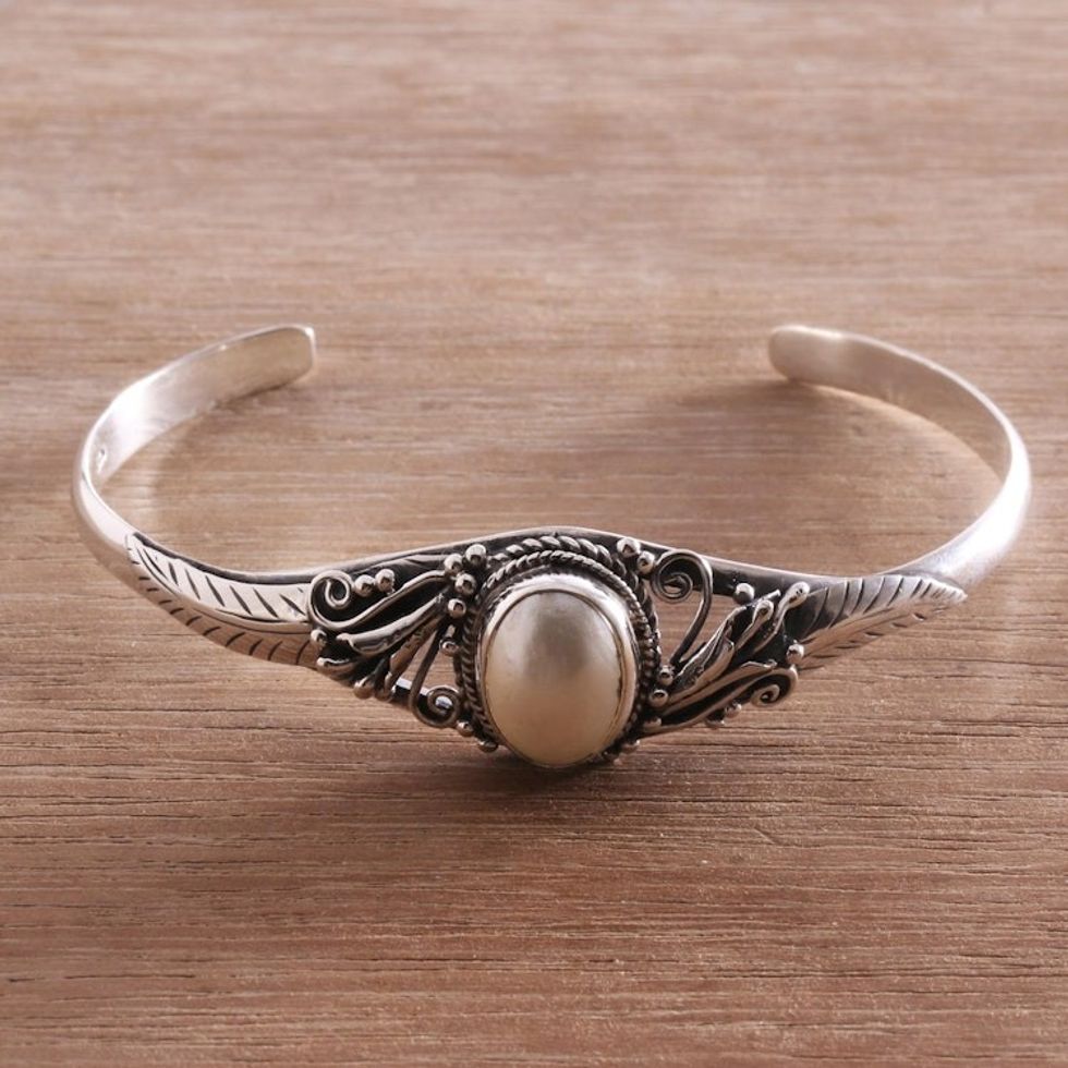 Cultured Pearl Pendant Cuff Bracelet from Bali 'Moonlight Shade'