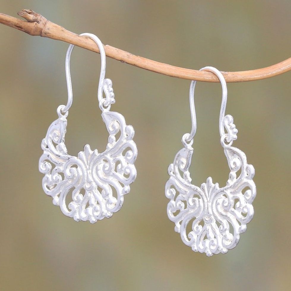 Round Sterling Silver Plated Drop Earrings from Bali 'Alam Happiness'