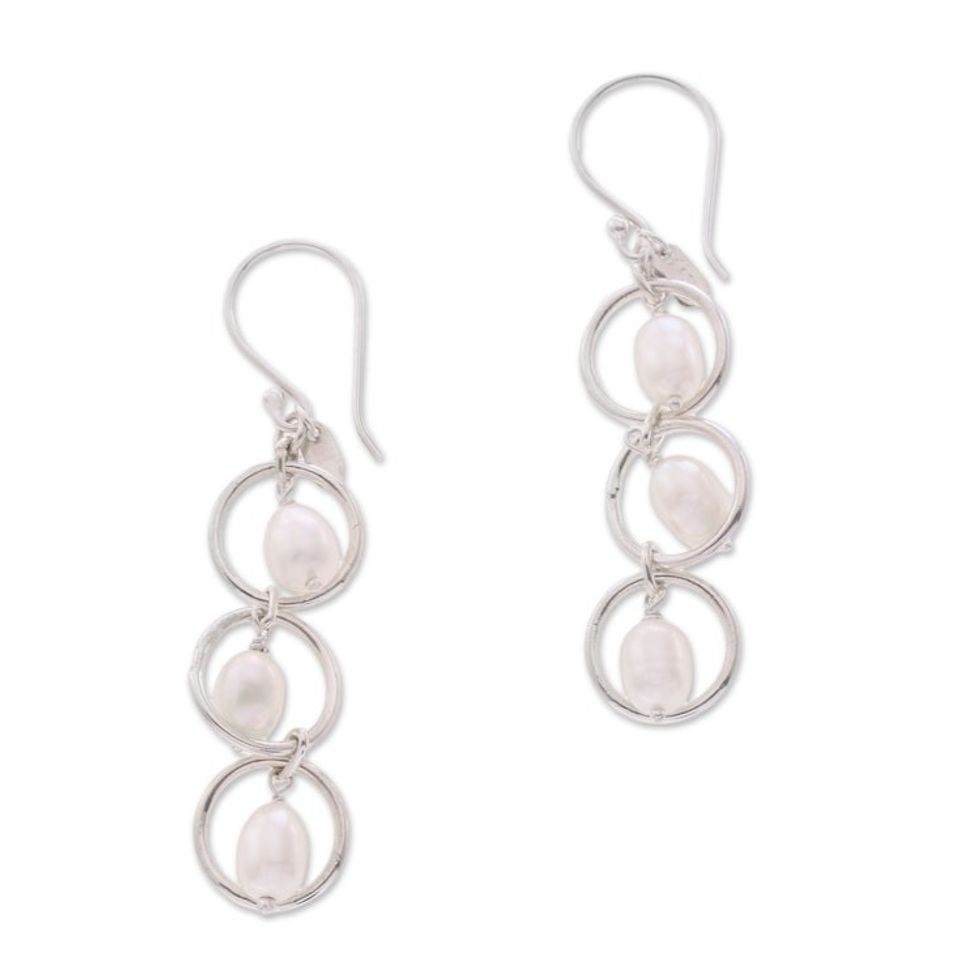 Sterling Silver Cultured Freshwater Pearl Dangle Earrings 'Bulan Hoops'