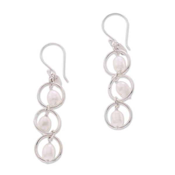 Alternate image for Sterling Silver Cultured Freshwater Pearl Dangle Earrings Bulan Hoops