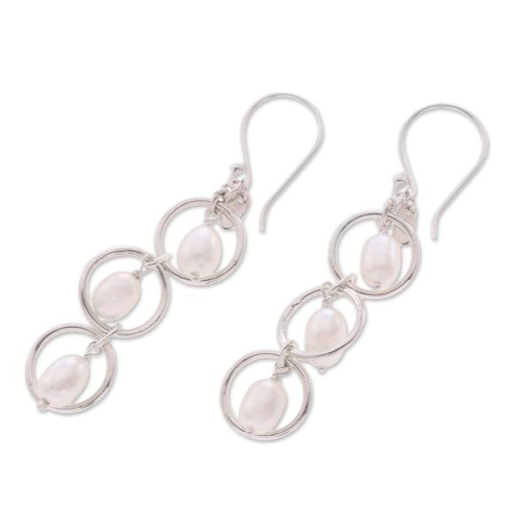 Alternate image for Sterling Silver Cultured Freshwater Pearl Dangle Earrings Bulan Hoops