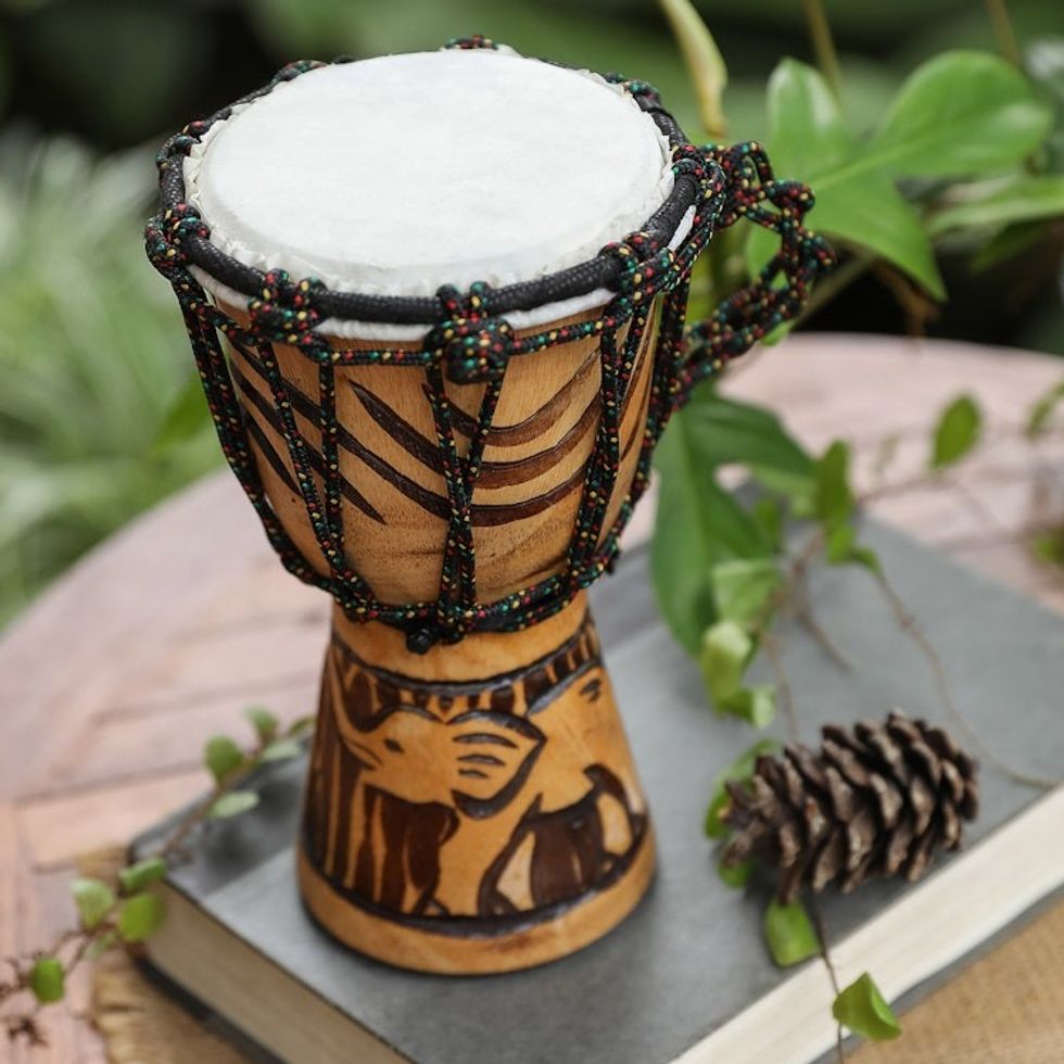 Elephant-Themed Mahogany Mini Djembe Drum from Bali 'Elephant Music'