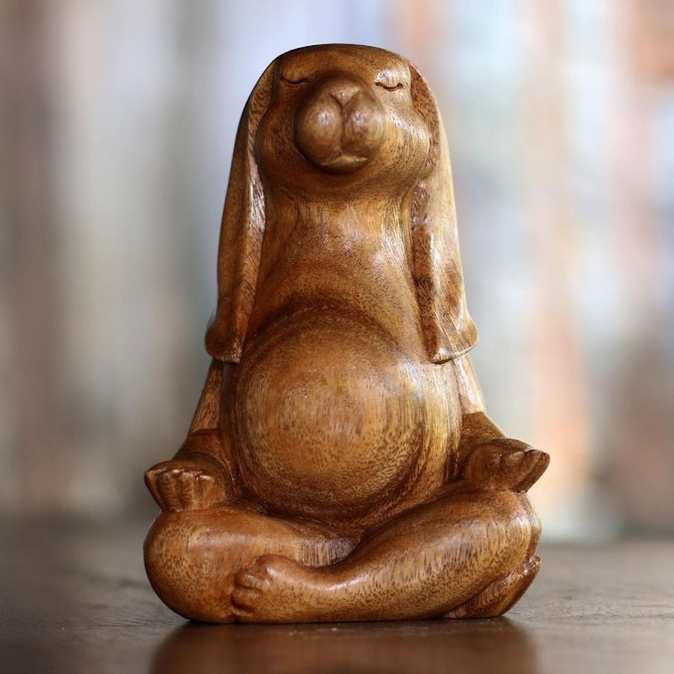 Suar Wood Yoga Bunny Sculpture from Bali 'Pregnant Yoga Bunny'
