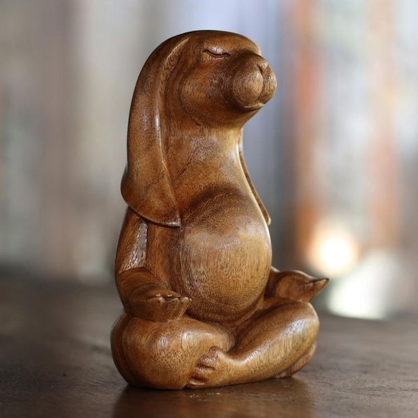 Alternate image for Suar Wood Yoga Bunny Sculpture from Bali Pregnant Yoga Bunny