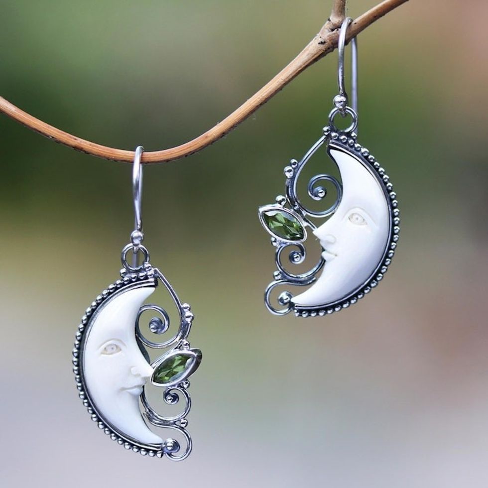 Peridot Crescent Moon Dangle Earrings from Bali 'Bun Moons'