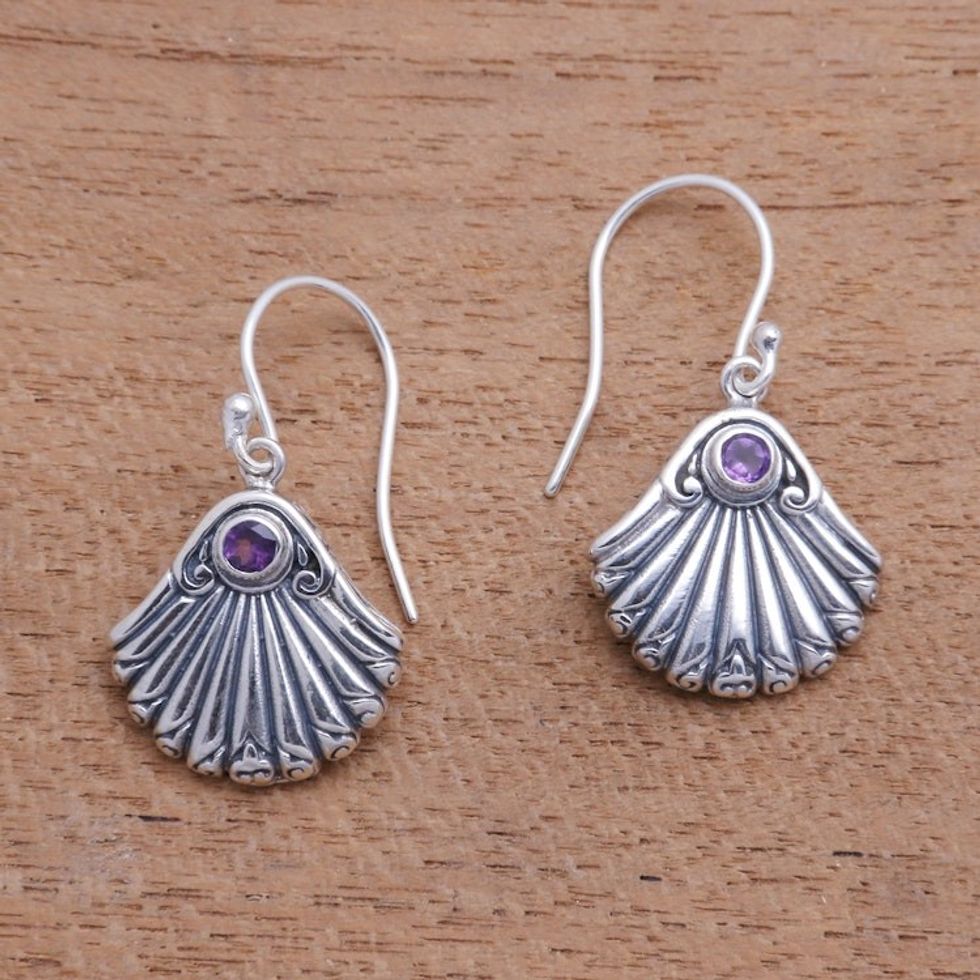Seashell-Shaped Amethyst Dangle Earrings from Bali 'Seashore Shells'