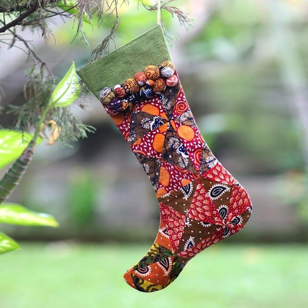 Handmade Batik Christmas Stocking in Cotton and Jute 'Batik Stocking'