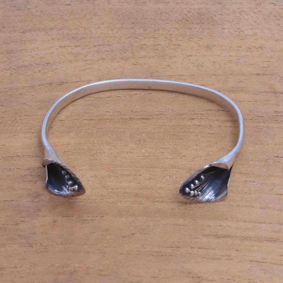 Sterling Silver Cuff Bracelet with Floral Ends from Bali 'Floral Twins'