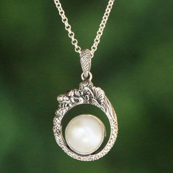 Alternate image for Cultured Pearl and Garnet Dragon Necklace from Bali Brave Basuki