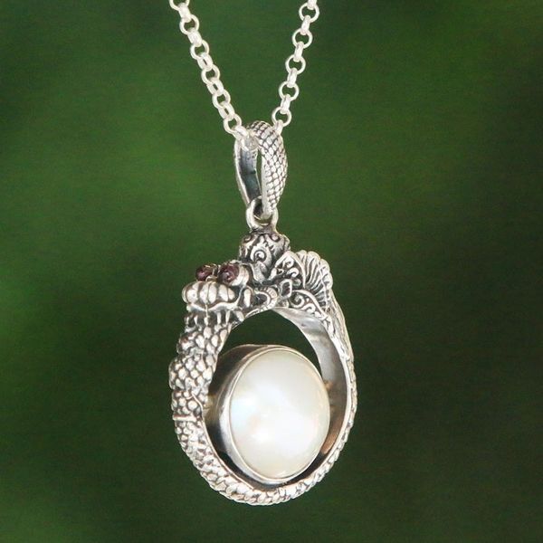 Alternate image for Cultured Pearl and Garnet Dragon Necklace from Bali Brave Basuki