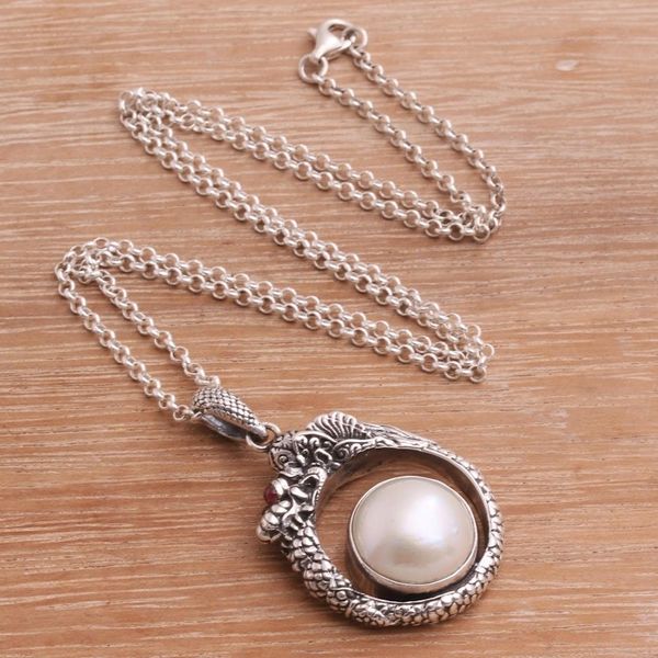 Alternate image for Cultured Pearl and Garnet Dragon Necklace from Bali Brave Basuki