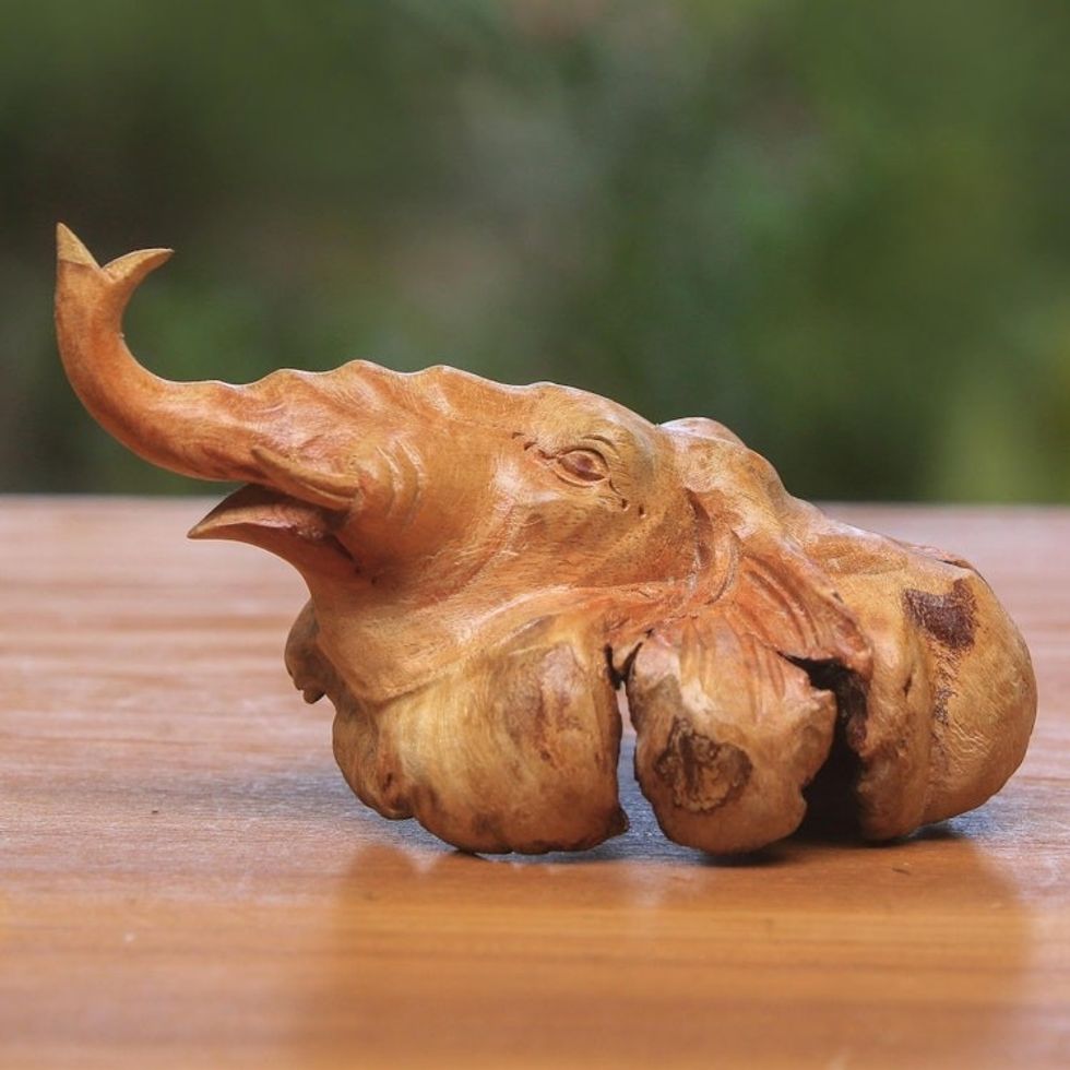 Hand-Carved Benalu Wood Elephant Figurine from Bali 'Head of the Elephant'
