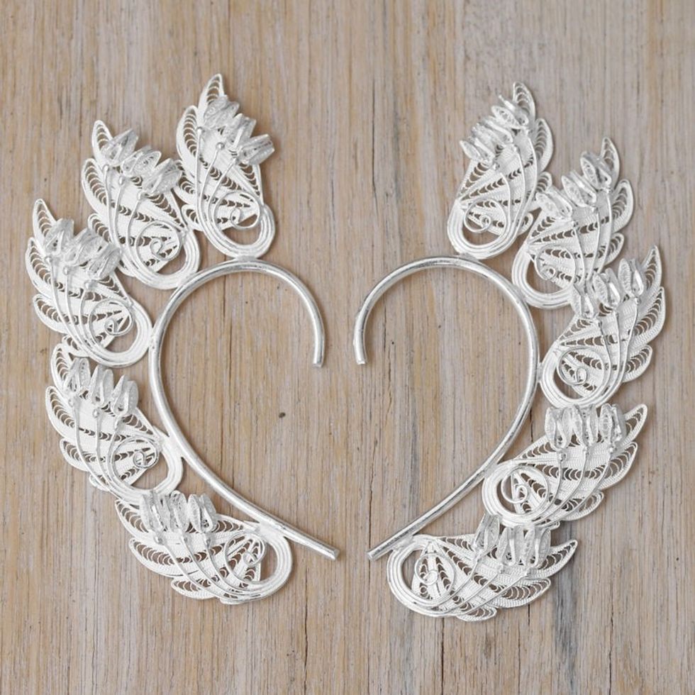 Handcrafted Sterling Silver Leaf Filigree Ear Wrap Cuffs 'Fire Leaf'