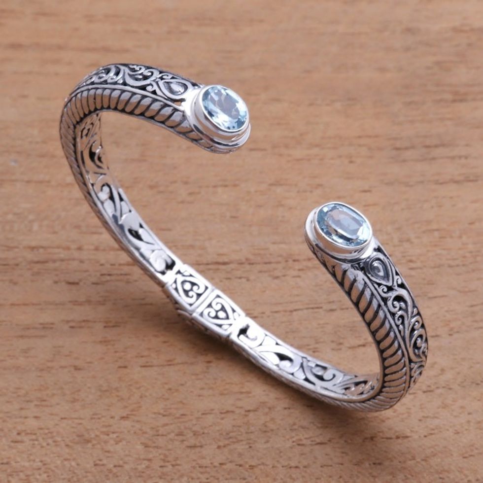Blue Topaz Scroll and Rope Pattern Cuff Bracelet from Bali 'Treasure Trove'