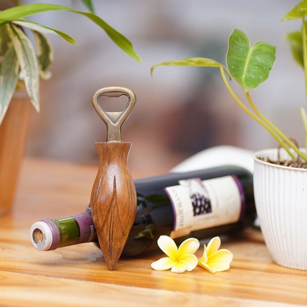 Handcrafted Wood Lotus Bottle Opener in Brown from Bali 'Young Lotus in Brown'