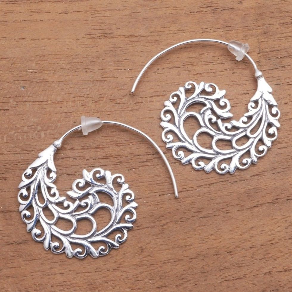 Vine Pattern Sterling Silver Half-Hoop Earrings from Bali 'Romantic Vines'