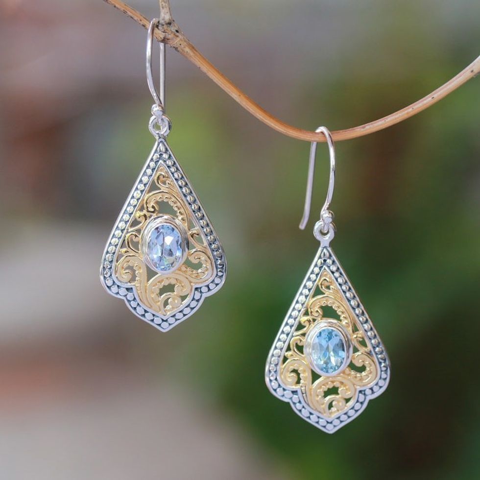 Swirl Pattern Gold Accented Blue Topaz Dangle Earrings 'Glamorous Kites'
