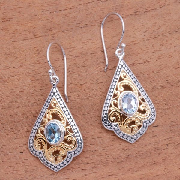 Alternate image for Swirl Pattern Gold Accented Blue Topaz Dangle Earrings Glamorous Kites