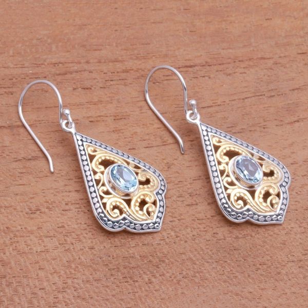 Alternate image for Swirl Pattern Gold Accented Blue Topaz Dangle Earrings Glamorous Kites