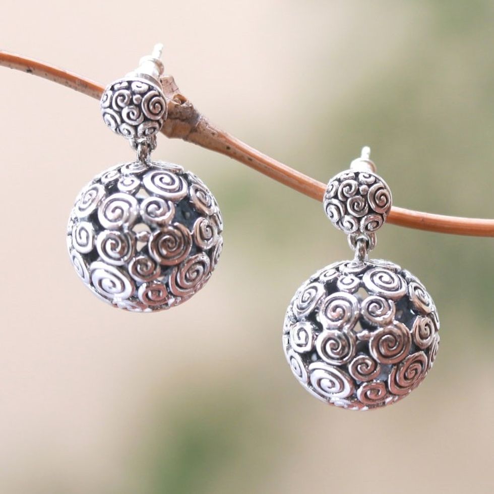 Round Curl Pattern Sterling Silver Dangle Earrings from Bali 'Buddha's Orbs'