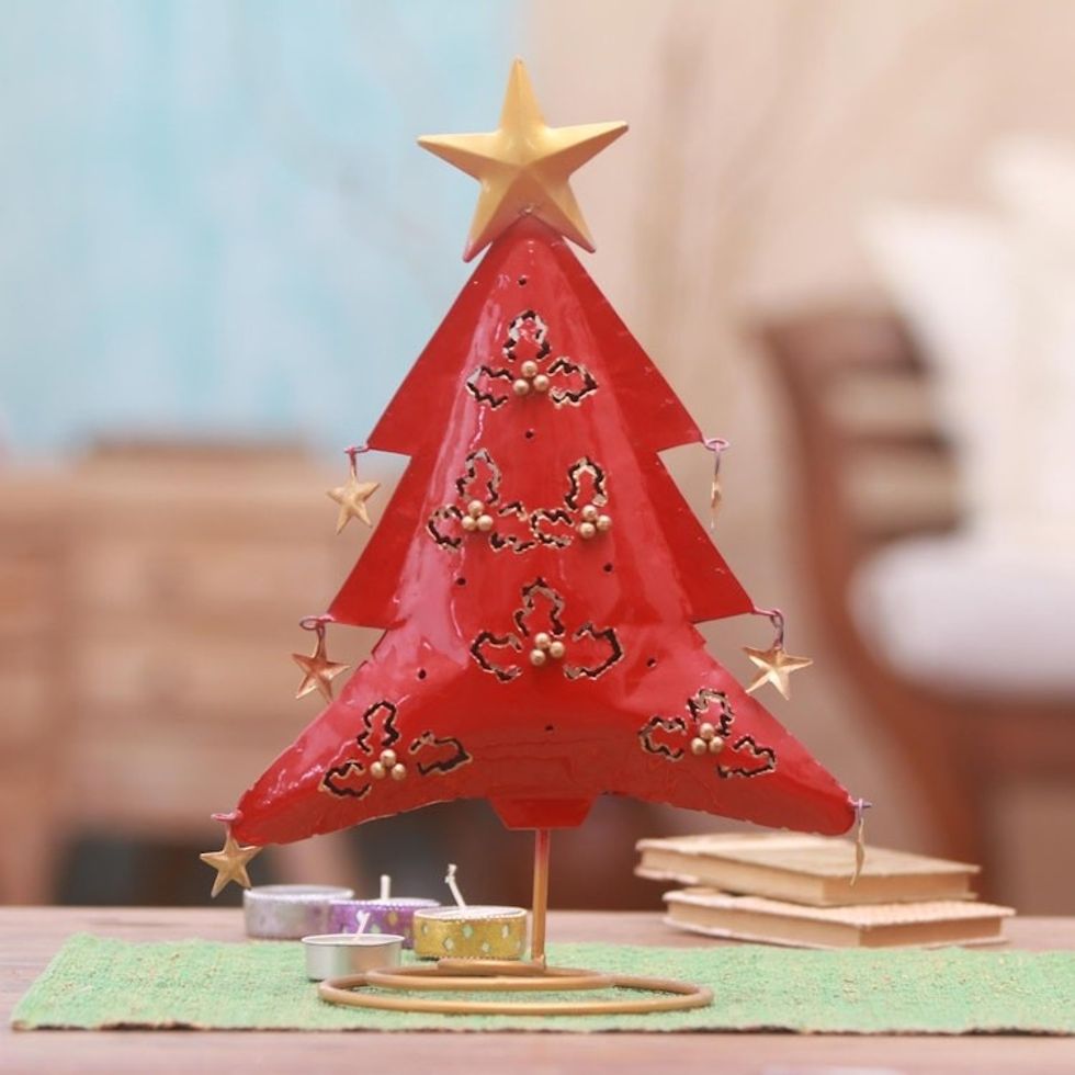 Steel Christmas Tree Tealight Holder from Bali 'Red Christmas Tree'