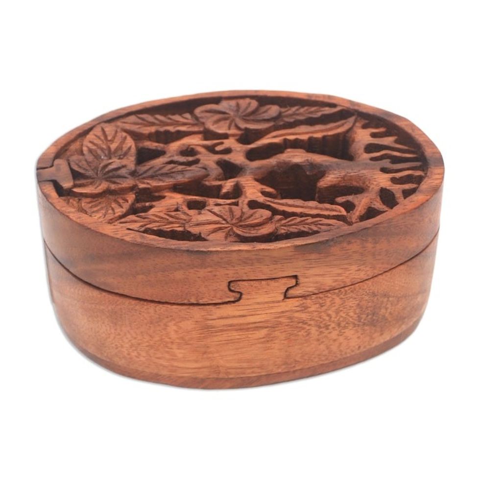 Floral Suar Wood Puzzle Box from Bali 'Plumeria Oval'