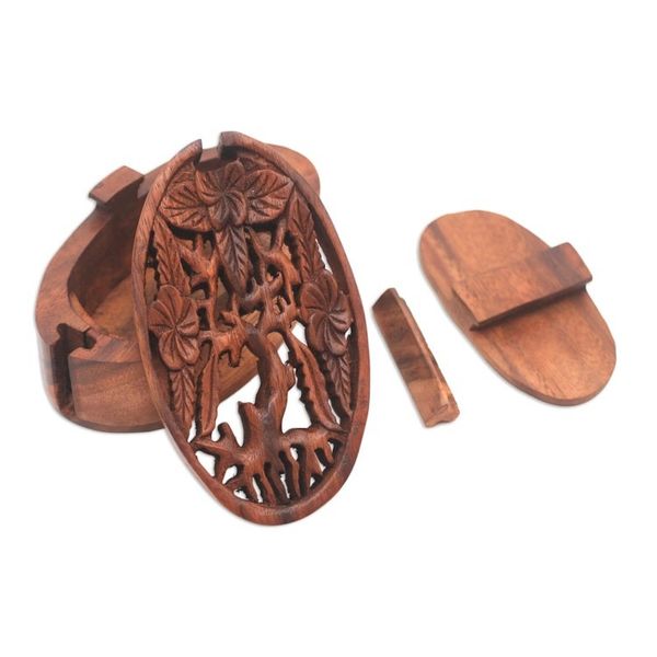 Alternate image for Floral Suar Wood Puzzle Box from Bali Plumeria Oval