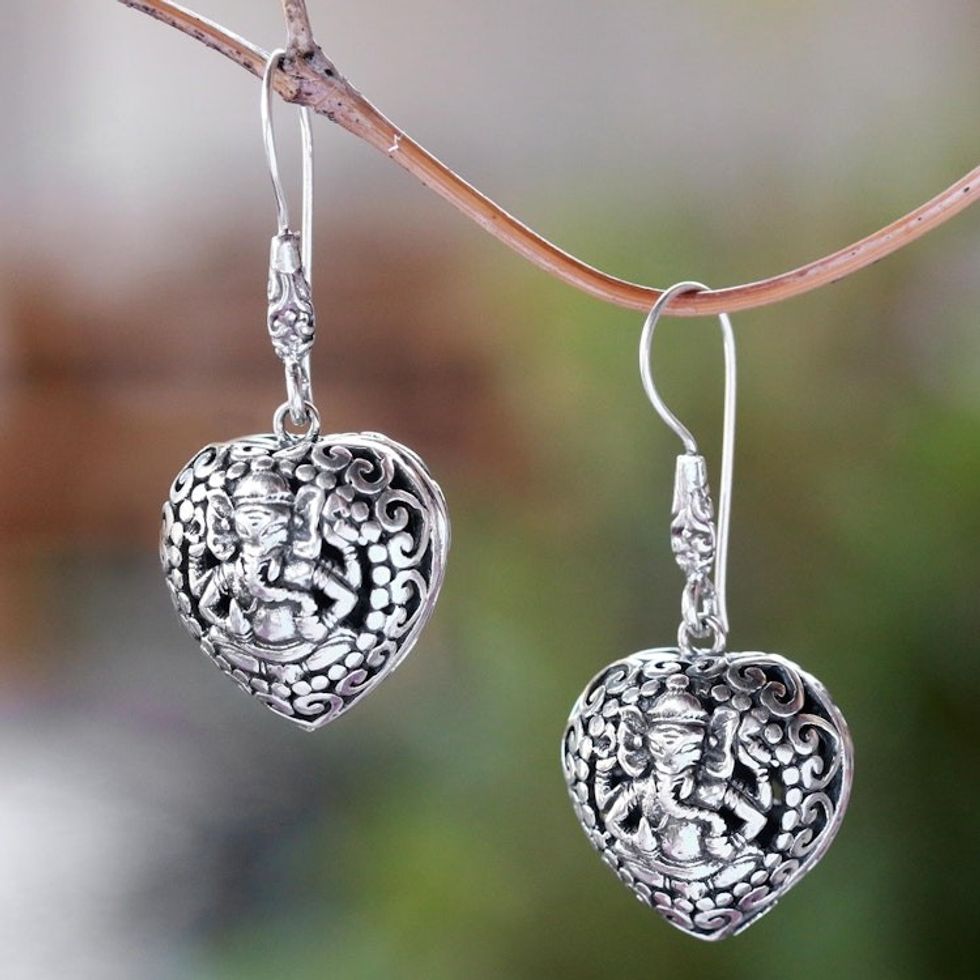 Heart-Shaped Sterling Silver Ganesha Dangle Earrings 'Heart of Ganesha'