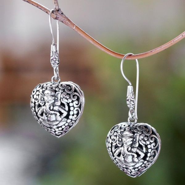 Alternate image for Heart-Shaped Sterling Silver Ganesha Dangle Earrings Heart of Ganesha