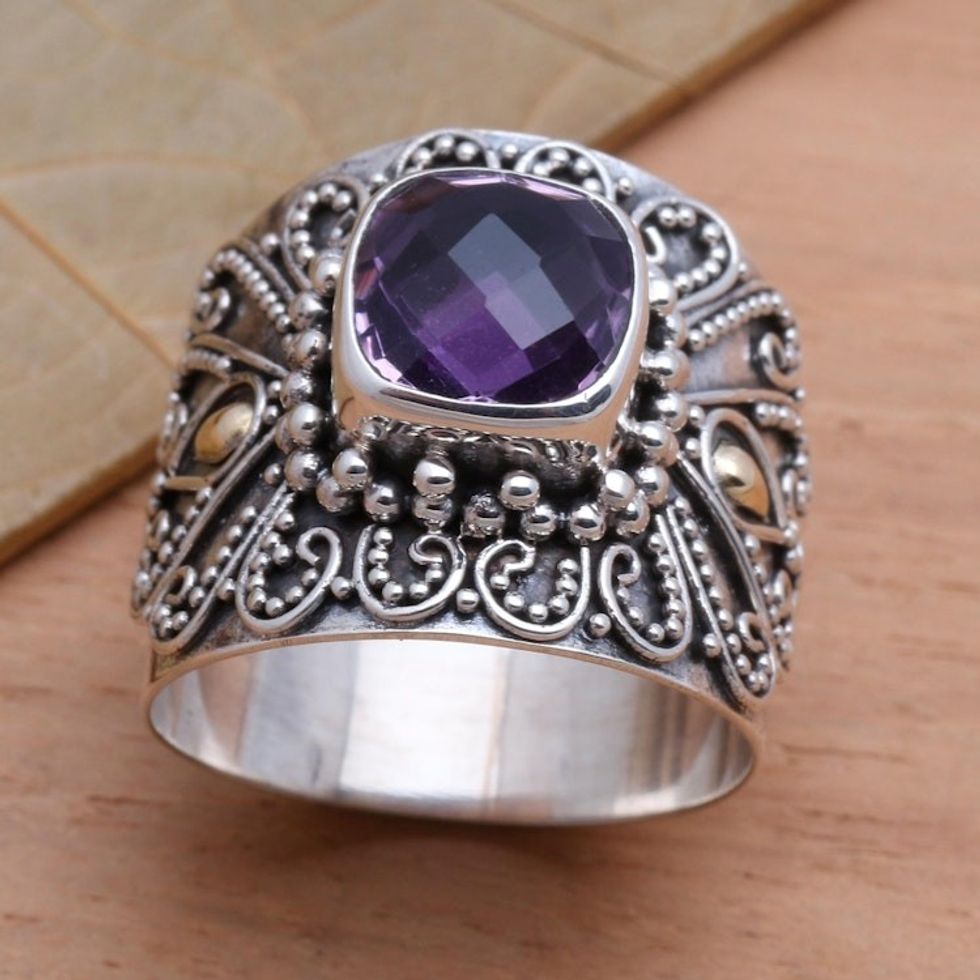 Bali Gold Accent Silver and Checkerboard Amethyst Ring 'Lilac Checkerboard Window'