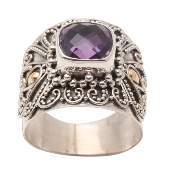 Alternate image for Bali Gold Accent Silver and Checkerboard Amethyst Ring Lilac Checkerboard Window
