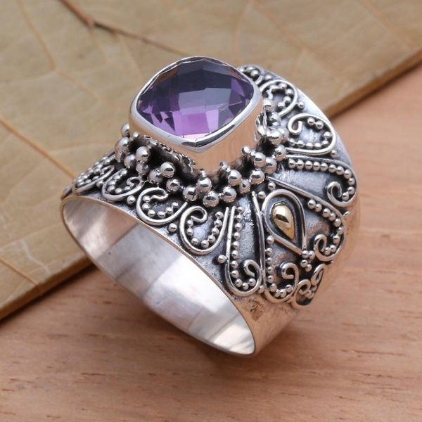 Alternate image for Bali Gold Accent Silver and Checkerboard Amethyst Ring Lilac Checkerboard Window