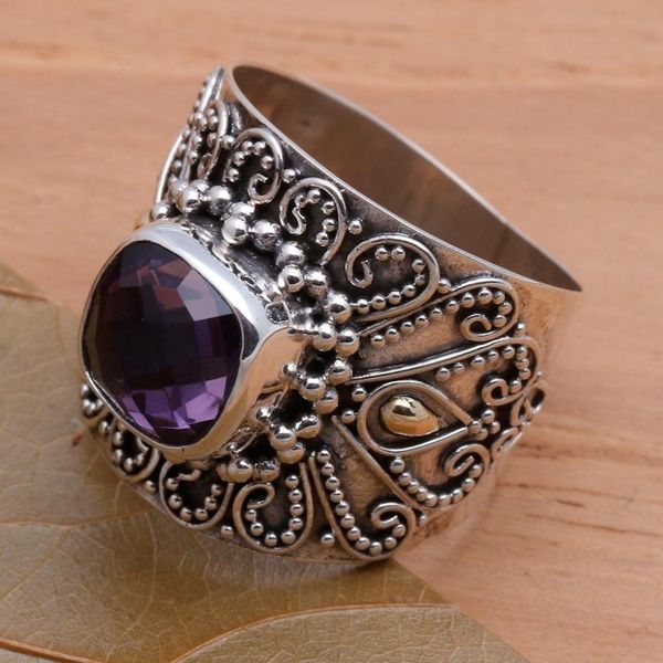 Alternate image for Bali Gold Accent Silver and Checkerboard Amethyst Ring Lilac Checkerboard Window