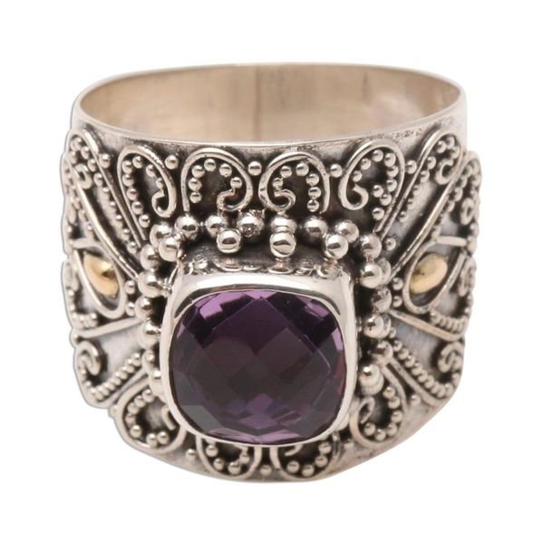 Alternate image for Bali Gold Accent Silver and Checkerboard Amethyst Ring Lilac Checkerboard Window