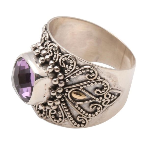Alternate image for Bali Gold Accent Silver and Checkerboard Amethyst Ring Lilac Checkerboard Window