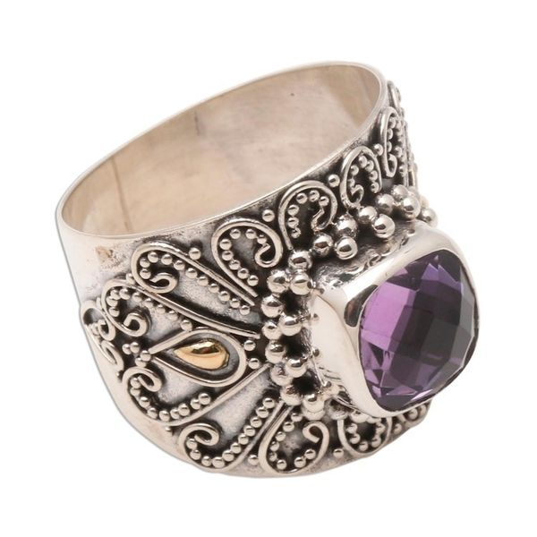 Alternate image for Bali Gold Accent Silver and Checkerboard Amethyst Ring Lilac Checkerboard Window