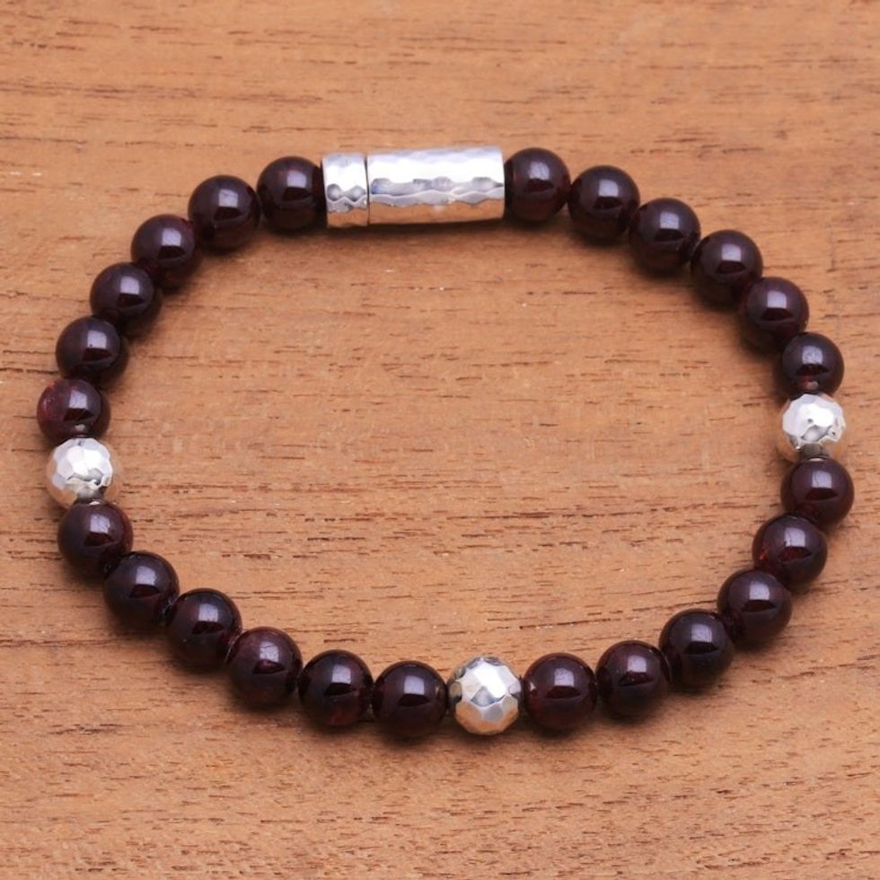 Garnet and Hammered Silver Beaded Bracelet from Bali 'Hammered Beauty'