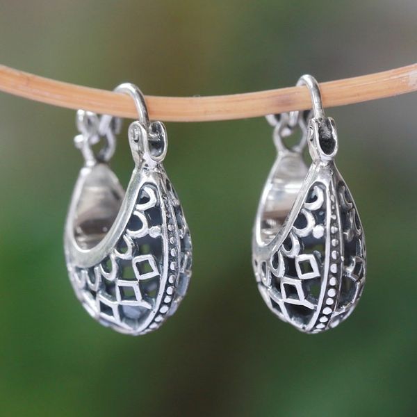 Alternate image for Openwork Sterling Silver Hoop Earrings from Bali Curved Elegance