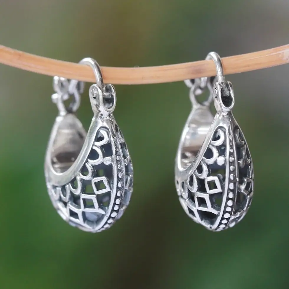 Openwork Sterling Silver Hoop Earrings from Bali 'Curved Elegance'